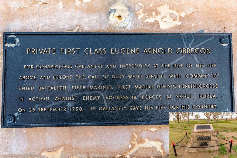 Artisans at Production Plant Barstow, Marine Depot Maintenance Command redesigned and mounted the plaque, signage, chains and posts at Obregon Park on the Yermo Annex aboard Marine Corps Logistics Base Barstow, Calif., Nov. 15. The plaque honors Private First Class Eugene Arnold Obregon for his conspicuous gallantry and intrepidity at the risk of his own life, above and beyond the call of duty, while serving with Company G, 3rd Battalion, 5th Marines.