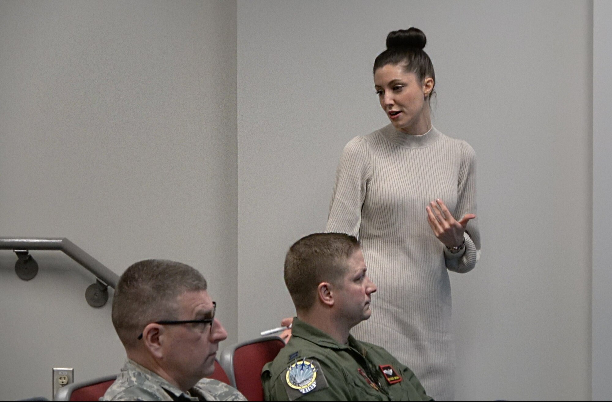 Clare Long, 132d Wing Airmen and Family Readiness Program Manager and accredited financial counselor (AFC), talks to Airmen during financial briefings on February 8, 2020, at the 132d Wing, Des Moines, Iowa. Financial literacy is a key factor in ensuring Airmen maintain their security clearances. (Iowa Air National Guard Senior Airman Katelyn Sprott)