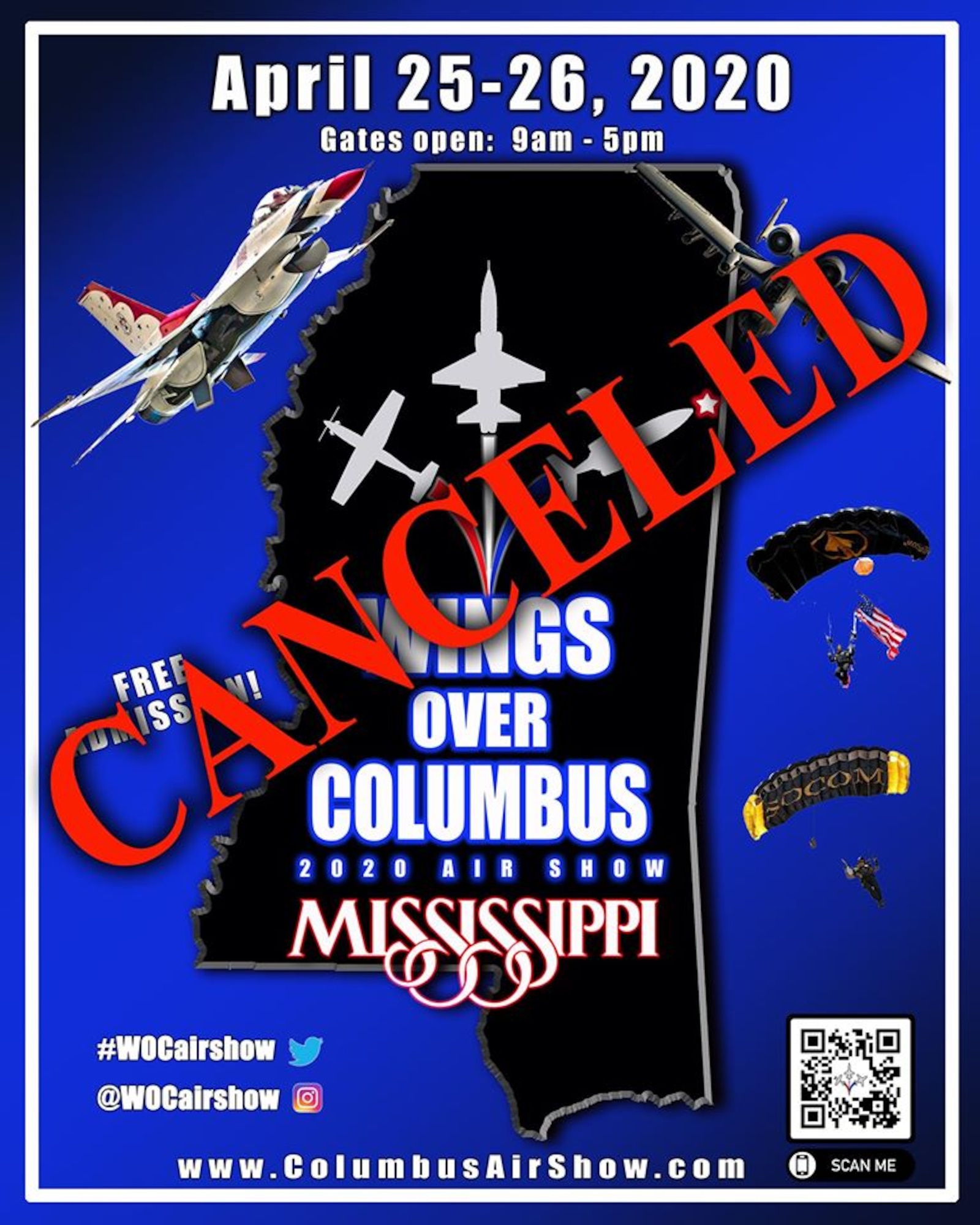 Columbus Air Force Base’s “2020 Wings Over Columbus Air Show” has been canceled due to the coronavirus pandemic. The Department of the Air Force has suspended public outreach activities and support to community events in the United States and at its overseas’ locations through May 15, 2020. (U.S. Air Force graphic by 14th Flying Training Wing Public Affairs)