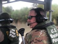 Brig. Gen. Tyler B. Smith visits members of the 141st Military Intelligence Battalion who were mobilized to the Southwestern U.S. border October 1, 2018, as part of Operation Guardian Support, a larger National Guard mission in support of the Department of Homeland Security.