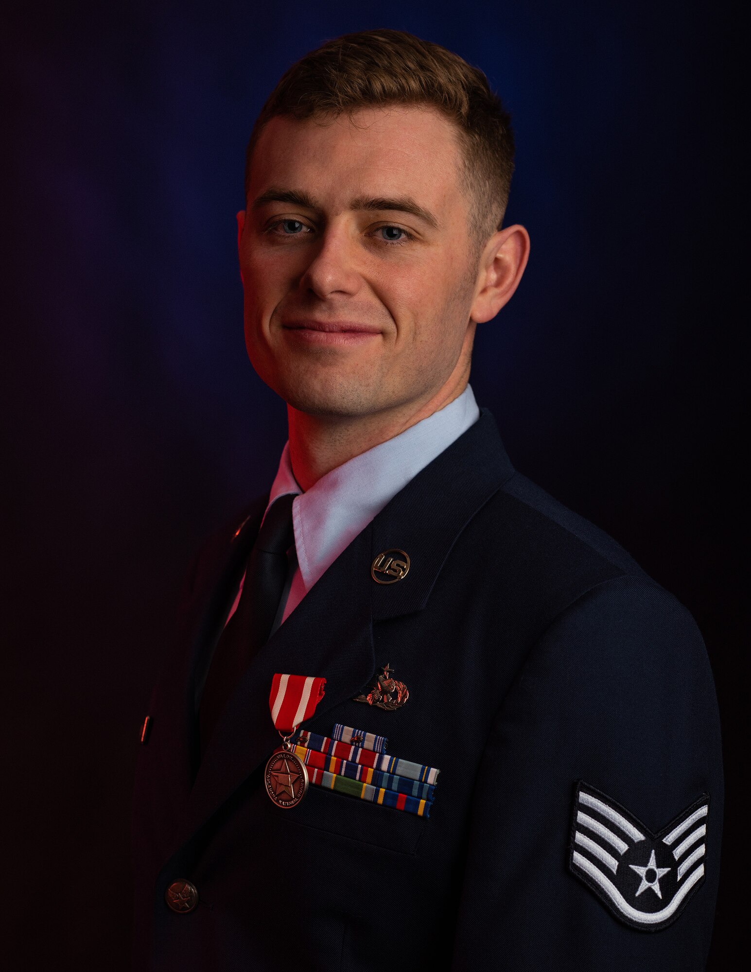 Staff Sgt. Benjamin Anderson, an air freight journeyman assigned to the 137th Special Operations Logistics Readiness Squadron, poses for a portrait after earning the Oklahoma Star of Valor March 6, 2020, at Will Rogers Air National Guard Base, Oklahoma City. Anderson’s instinct to act saved a man’s life after his semitrailer crashed and burst into flames.