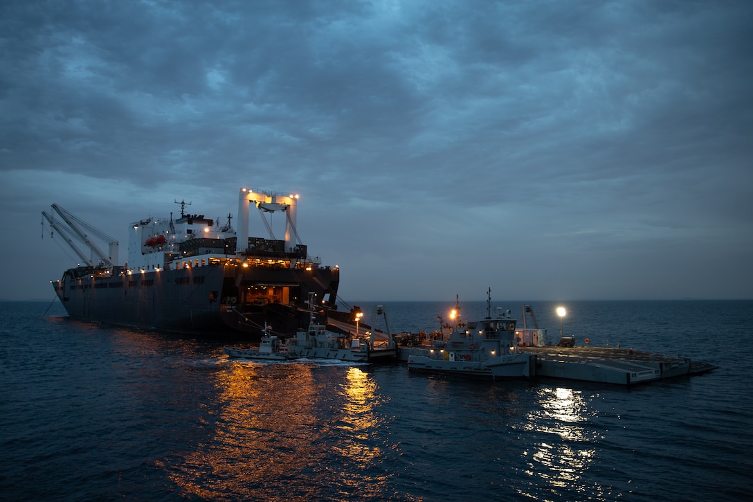 USNS Seay (T-AKR302) unloads I Marine Expeditionary Force equipment during exercise Native Fury 20 in the Arabian Gulf, March 14, 2020. Native Fury 20 is a joint bilateral exercise involving thousands of forces demonstrating the ability to respond to contingencies, natural disasters and other possible crises in the region.