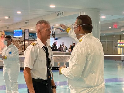 Citizen-Soldiers of the Puerto Rico National Guard along with the Department of Health and other state and federal agencies have begun evaluating and giving orientation to all passengers arriving at Luis Muñoz Marín International Airport in Carolina, Puerto Rico, through screenings to detect any suspected case of COVID-19 and avoid more infections, March 17, 2020.