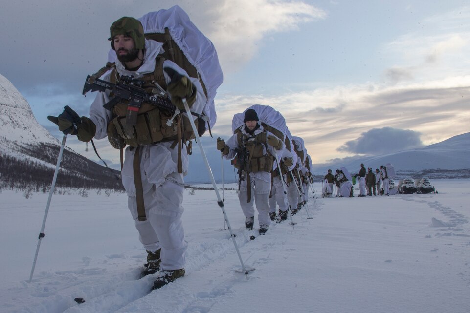 U.S. Marines with Force Reconnaissance Company, 2nd Marine Expeditionary Force, 2nd Marine Division, conduct a movement on skis during the Norwegian Military’s Long Range Reconnaissance Patrol course in Norway, Feb. 17, 2020. The Marines are conducting the LRRP to strengthen the interoperability, mobility, expeditionary readiness and warfighting excellence of FORECON and the Norwegian Military. (U.S. Marine Corps photo by Cpl. Aaron Douds)