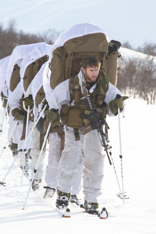 U.S. Marines with Force Reconnaissance Company (FORECON), 2nd Marine Expeditionary Force, 2nd Marine Division, conduct a movement on skis during the Norwegian Military’s Long Range Reconnaissance Patrol (LRRP) course in Norway, Feb. 17, 2020. The Marines are conducting the LRRP to strengthen the interoperability, mobility, expeditionary readiness and warfighting excellence of FORECON and the Norwegian Military. (U.S. Marine Corps photo by Cpl. Aaron Douds)