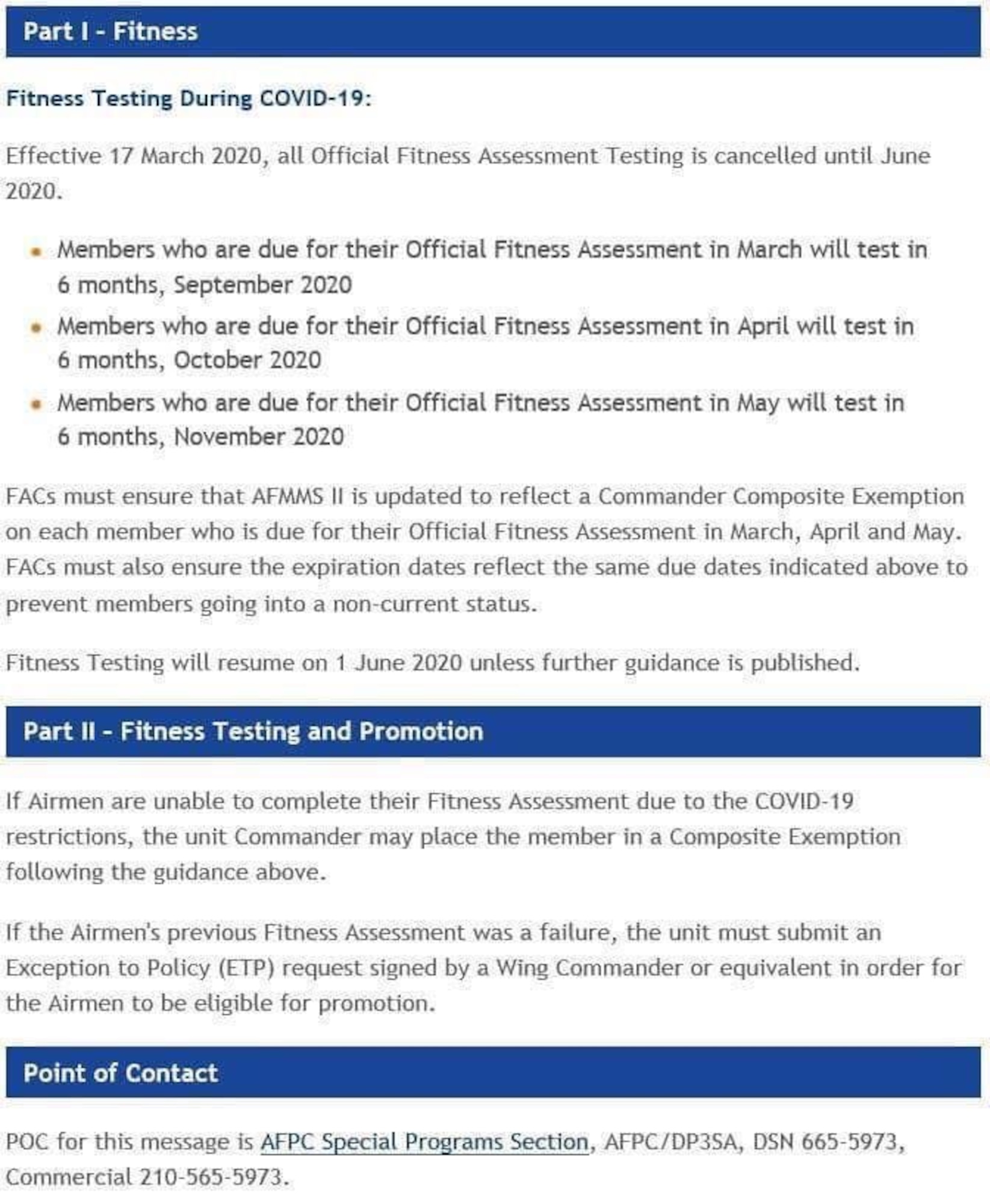 Fitness Testing will resume on June 1, 2020, unless further guidance is published.
