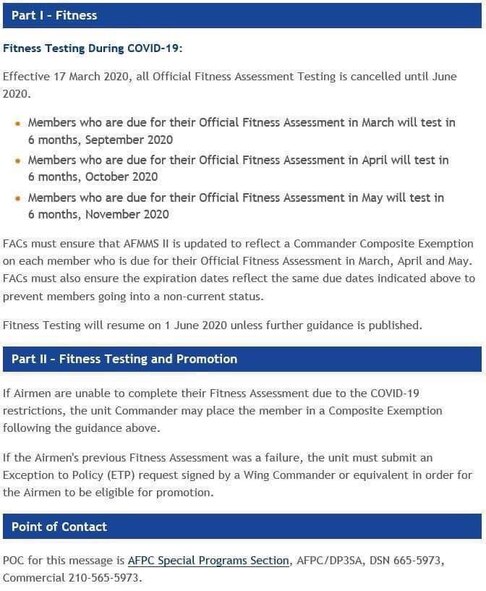 Fitness Testing will resume on June 1, 2020, unless further guidance is published.