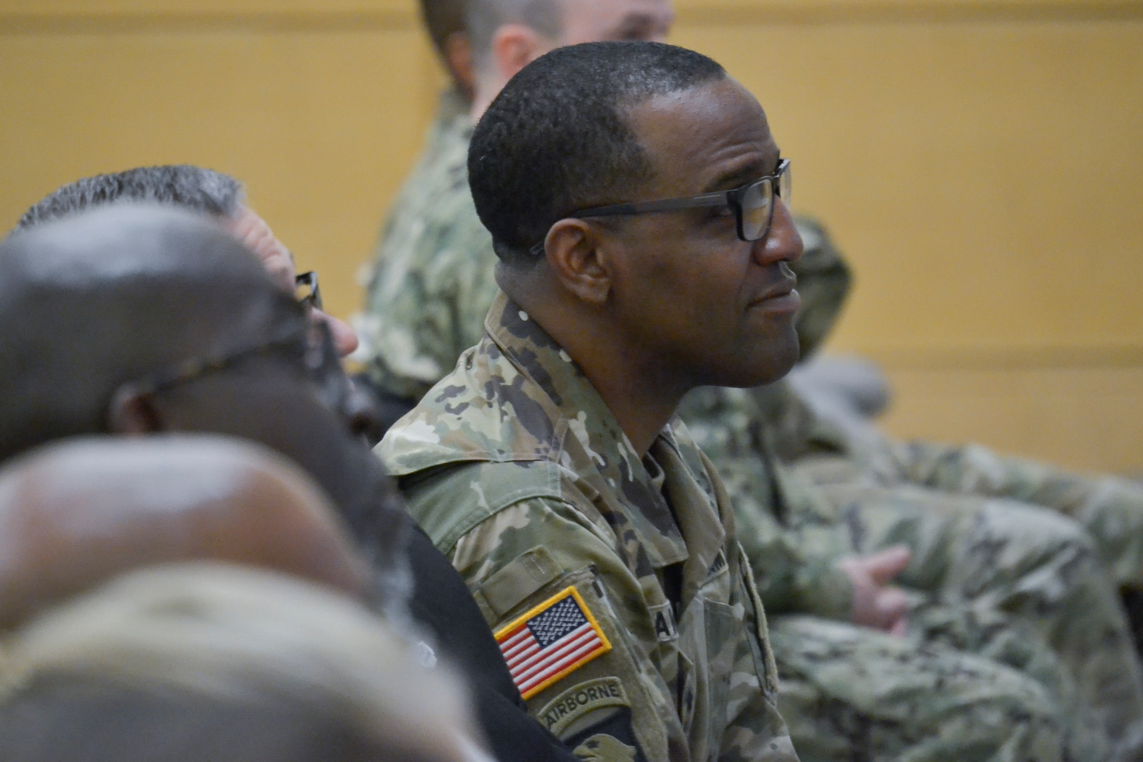 Army Brig. Gen. Gavin Lawrence, DLA Troop Support Commander, listens to a presentation during the DLA Culture/Climate Survey Kick-off event March 12, 2020 in Philadelphia. The survey is conducted every 18-24 months to assess employees’ attitudes in areas ranging from employee morale to job satisfaction.