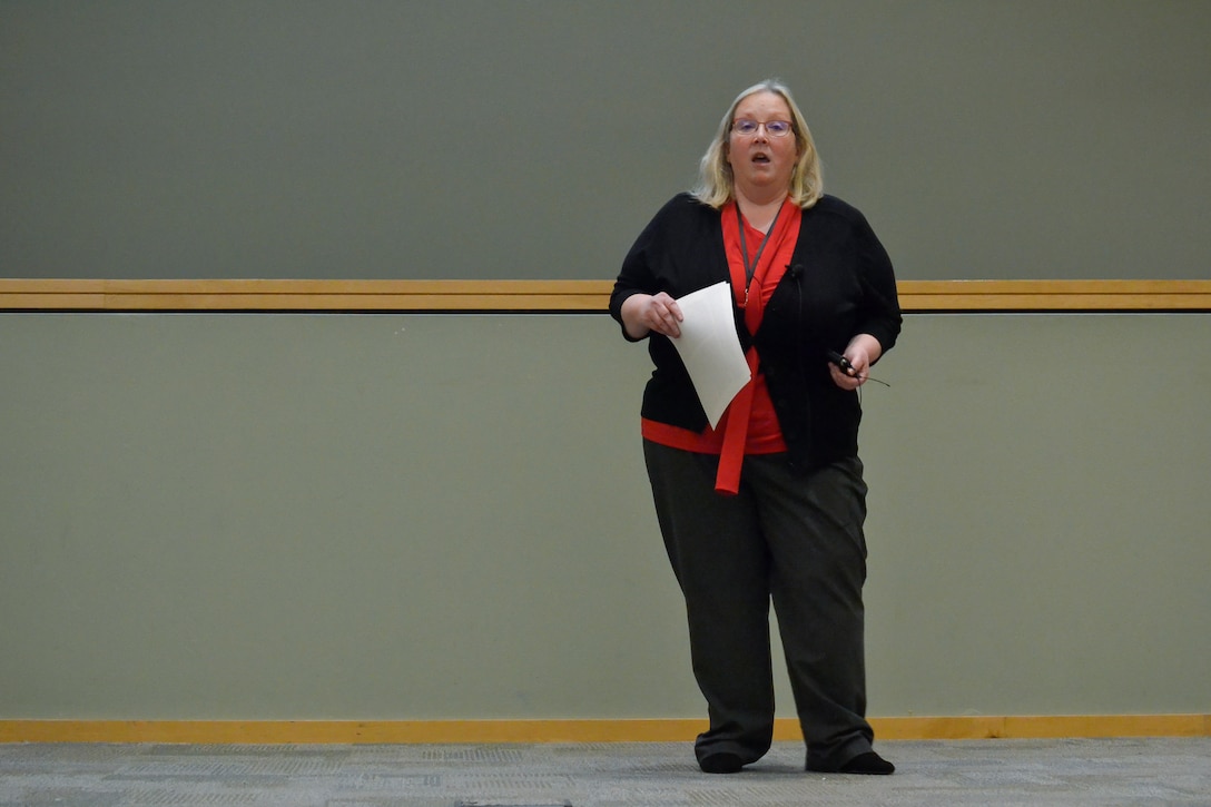 Patricia Lynch, the Command Support Office’s Organization Transformation Branch chief, speaks to DLA Troop Support employees about the Agency's Culture/Climate Survey March 12, 2020. The survey is conducted every 18-24 months to assess employees’ attitudes in areas ranging from employee morale to job satisfaction.