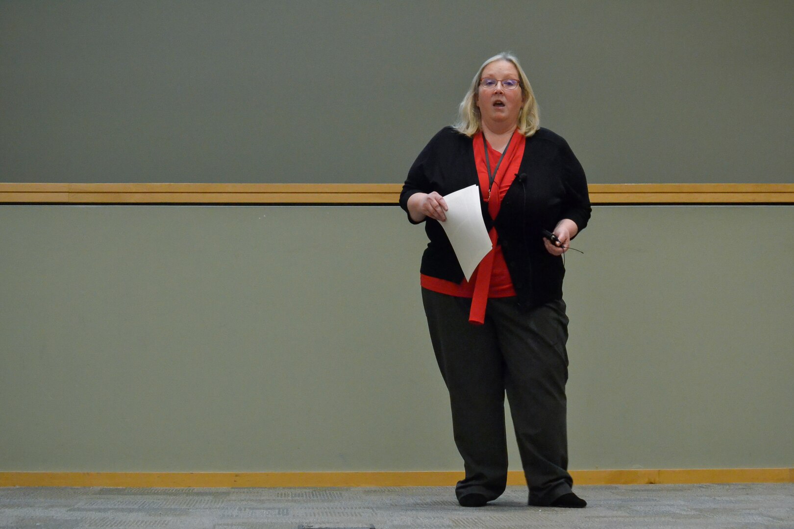 Patricia Lynch, the Command Support Office’s Organization Transformation Branch chief, speaks to DLA Troop Support employees about the Agency's Culture/Climate Survey March 12, 2020. The survey is conducted every 18-24 months to assess employees’ attitudes in areas ranging from employee morale to job satisfaction.