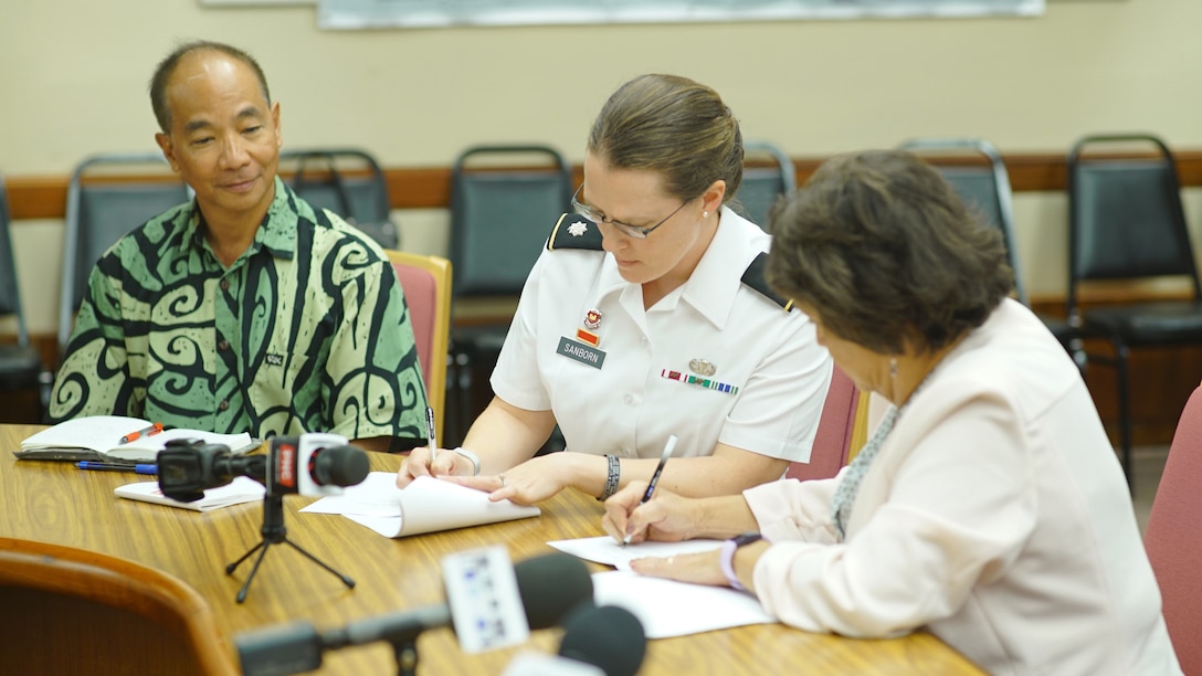 HAGATNA, GUAM ( March 10, 2020) -- Guam Gov. Lou Leon Guerrero and U.S. Army Corps of Engineers Honolulu District Commander Lt. Col. Kathryn Sanborn sign the $3 million Agana River (Hagatna River Flood Control) flood risk management study feasibility cost-share agreement.
