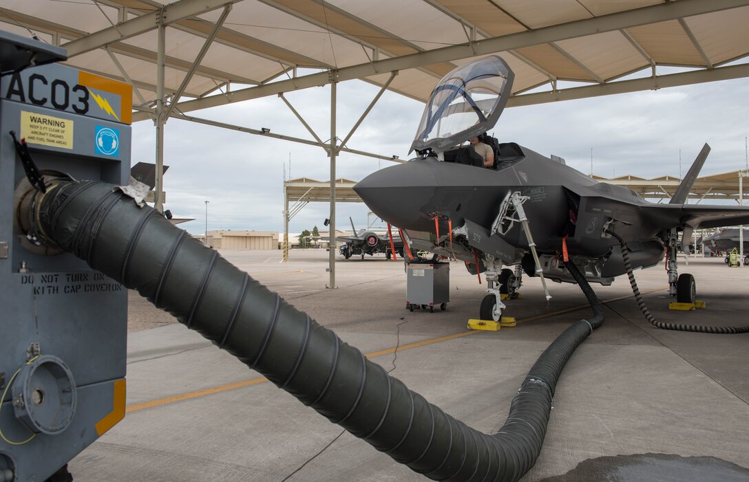 A 63rd Aircraft Maintenance Unit crew chief performs a systems evaluation on an F-35A Lightning II March 10, 2020, at Luke Air Force Base, Ariz.