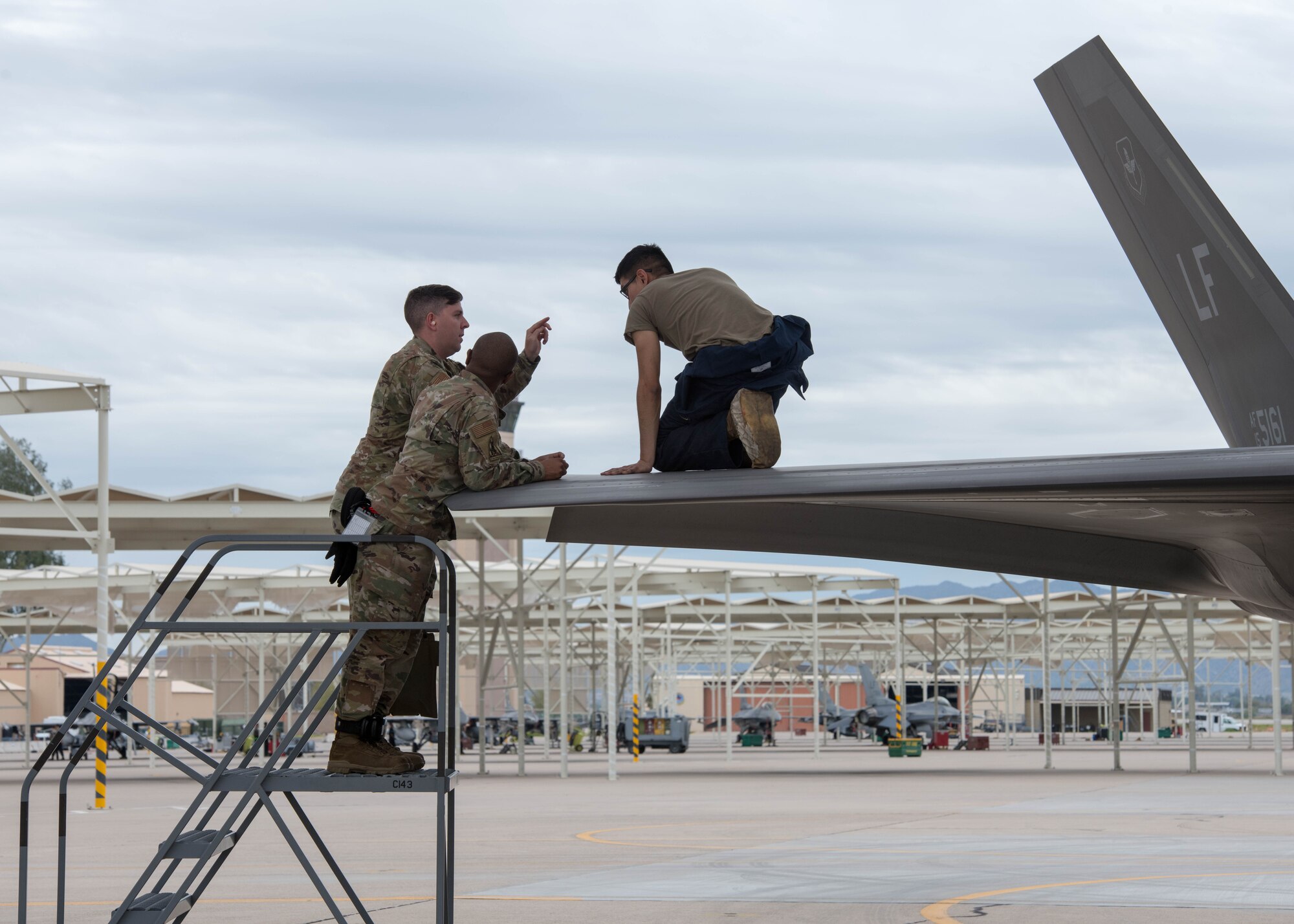 Leadership from the 63rd Fighter Squadron conducts on-the-job training for Senior Airman Brenden Hansen, 56th Component Maintenance Squadron maintainer, March 10, 2020, at Luke Air Force Base, Ariz.