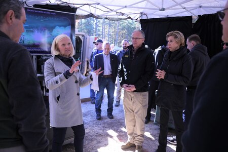 Amanda Skrabut, Deputy Director NVESD at Program Manager Integrated Visual Augmentation System (PM IVAS), briefs David L. Norquist, Deputy Secretary of Defense, and Ellen M. Lord, Under Secretary of Defense for Acquisition and Sustainment, during IVAS Distinguished Visitor Day at Fort Pickett, Va. November 5, 2019.