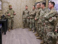 Maj. John Nikiforakis, Assistant Program Manager, Enhanced Night Vision Goggle-Binocular, PEO Soldier, briefs senior leaders of the 1st Infantry Division on the ENVG-B, during a Leadership Professional Development (LPD) session at Fort Riley, Kan., Dec. 11, 2019. The LPD offered a rare opportunity for senior leaders to receive a capability set brief on the U.S. Army’s most advanced night vision goggle, the ENVG-B, Family of Weapon Site-Individual, Nett Warrior, and Next Generation Improved Head Protection System, as well as an overview of PEO Soldier.
