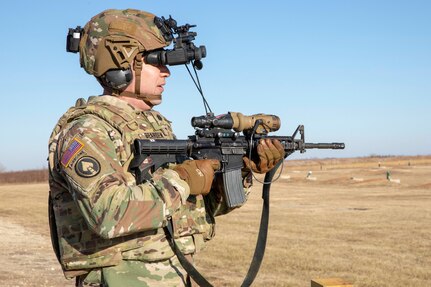 A senior leader of the 1st Infantry Division, fires an M4 rifle equipped with the Enhanced Night Vision Goggle-Binocular and Family of Weapon Site-Individual (FWS-I) capability set, during a Leadership Professional Development (LPD) session at Fort Riley, Kan., Dec. 11, 2019. The LPD offered a rare opportunity for senior leaders to receive a capability set brief on the U.S. Army’s most advanced night vision goggle, the ENVG-B, FWS-I, Nett Warrior, and Next Generation Improved Head Protection System, as well as an overview of PEO Soldier.