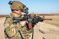 A senior leader of the 1st Infantry Division, fires an M4 rifle equipped with the Enhanced Night Vision Goggle-Binocular and Family of Weapon Site-Individual (FWS-I) capability set, during a Leadership Professional Development (LPD) session at Fort Riley, Kan., Dec. 11, 2019. The LPD offered a rare opportunity for senior leaders to receive a capability set brief on the U.S. Army’s most advanced night vision goggle, the ENVG-B, FWS-I, Nett Warrior, and Next Generation Improved Head Protection System, as well as an overview of PEO Soldier.