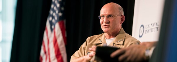 Chief of Naval Operations (CNO) Adm. Mike Gilday participates in a discussion panel during the Defense Forum Washington 2019 hosted by the U.S. Naval Institute.