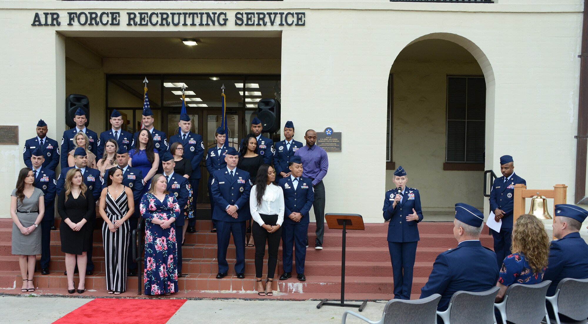 Maj. Gen. Jeannie Leavit, Air Force Recrruiting Service commander, talks to a group of recruiters as she congratulates the 2020 Operation Blue Suit winners.