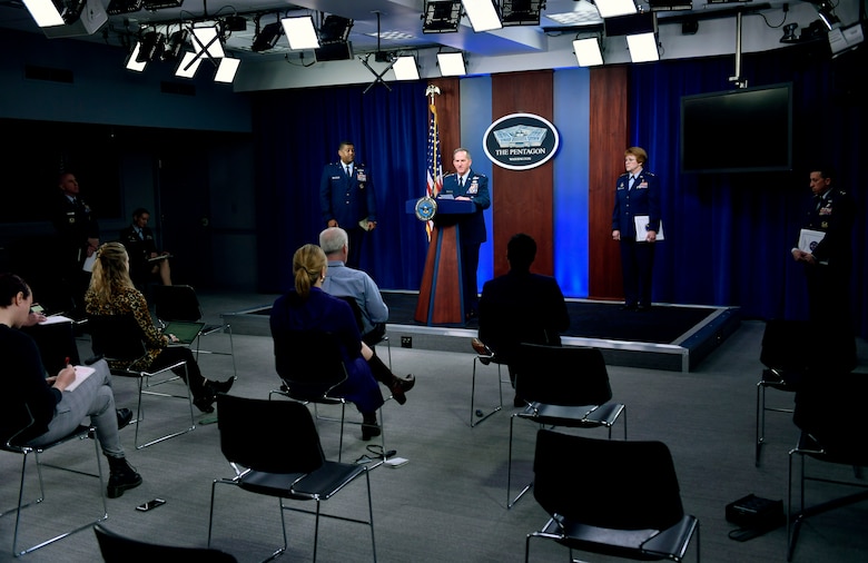 Air Force Chief of Staff Gen. David L. Goldfein conducts a press briefing with the Pentagon Press Corps to address Air Force response efforts for COVID-19 at the Pentagon, Arlington, Va., March 18, 2020. (U.S. Air Force photo by Wayne Clark)