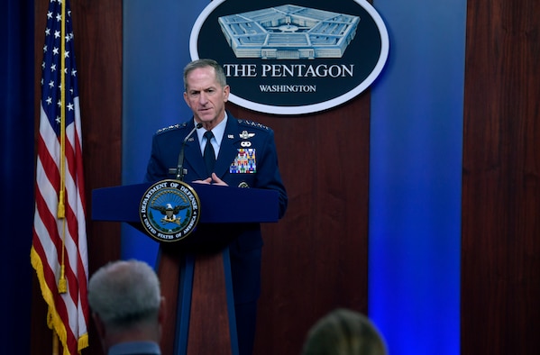 Air Force Chief of Staff Gen. David L. Goldfein conducts a press briefing with the Pentagon Press Corps to address Air Force response efforts for COVID-19 at the Pentagon, Arlington, Va., March 18, 2020. (U.S. Air Force photo by Wayne Clark)