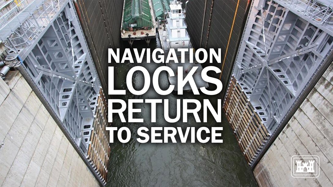 Navigation locks return to service. Barges exiting The Dalles Navigation Lock