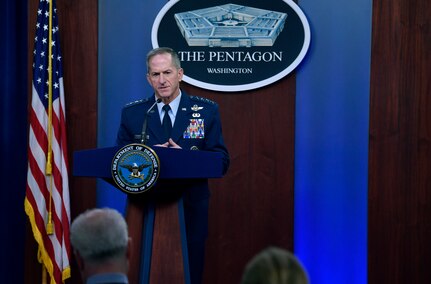 Air Force Chief of Staff Gen. David L. Goldfein conducts a press briefing with the Pentagon Press Corps to address Air Force response efforts for COVID-19 at the Pentagon, Arlington, Va., March 18, 2020. (U.S. Air Force photo by Wayne Clark)