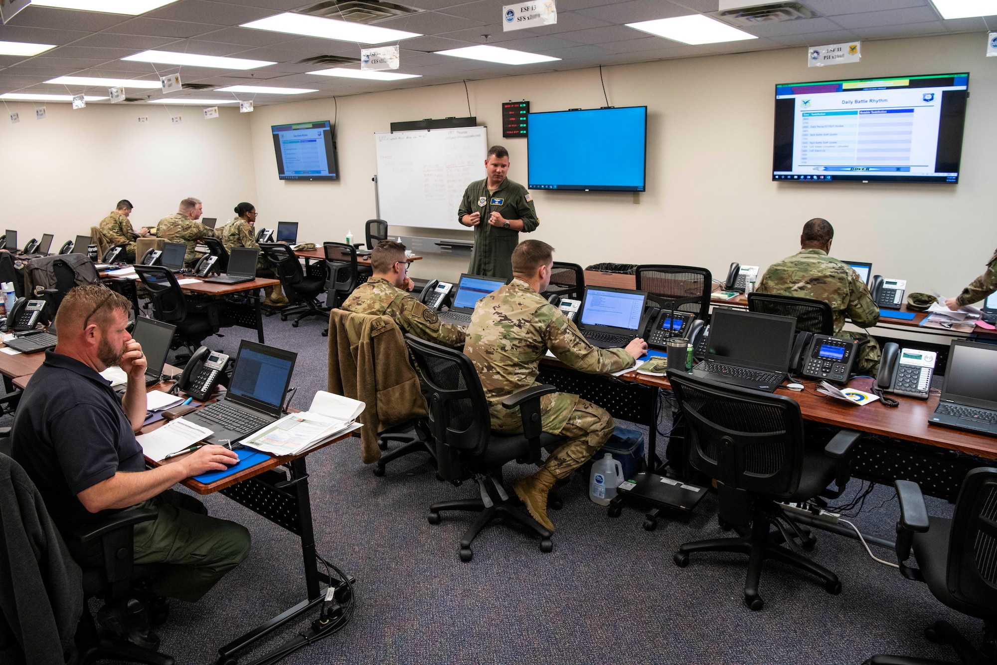 Members of the 436th Airlift Wing Crisis Battle Staff work on Dover Air Force Base’s response to COVID-19 March 16, 2020, at Dover AFB, Delaware. The team is committed to protecting the health of our communities and will continue to monitor and assess the situation. (U.S. Air Force photo by Senior Airman Christopher Quail) (This photo has been altered for security purposes)