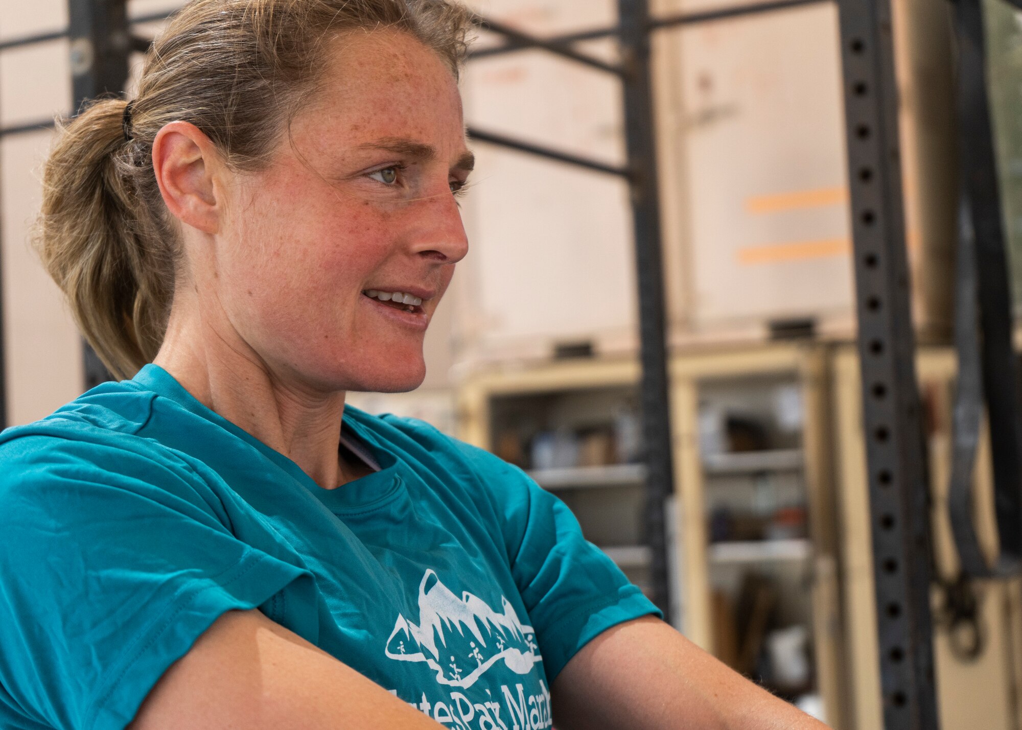 Capt. Alyson Gleason, Space Enhancement Officer, Director of Space Forces Staff, U.S. Air Forces Central Command, does a kettlebell swing at Al Udeid Air Base, Qatar on March 10, 2020. Gleason trains regularly to maintain her athletic standards. (U.S. Air Force photo by Senior Airman Olivia Grooms)