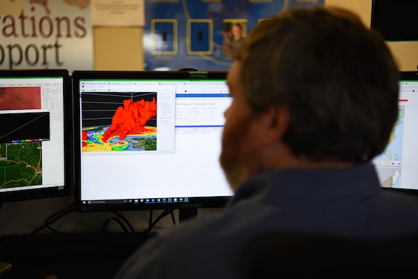 Jeremiah Story, 14th Operation Support Squadron’s Weather Flight lead meteorological technician, observes weather patterns March 16, 2020, on Columbus Air Force Base, Miss. Weather can be an erratic force of nature, however, the 14th OSS Weather Flight combats this with accurate forecasts and timely warnings to aid in supporting the wing mission. (U.S. Air Force photo by Airman 1st Class Jake Jacobsen)
