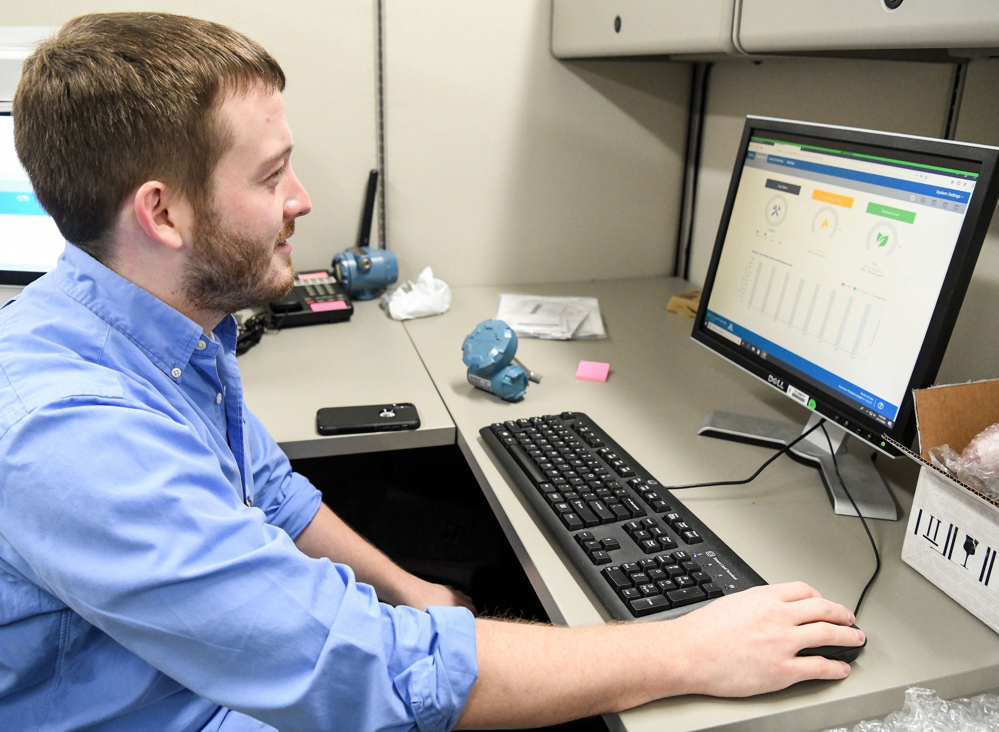 Justin Garrard, an AEDC reliability engineer, demonstrates the software interface for the instrumentation on the Condition-Based Maintenance (CBM) Wireless Network, Feb. 11, 2020, at Arnold Air Force Base, Tenn. The CBM Wireless Network has been installed in a limited capacity as a pilot project. (U.S. Air Force photo by Jill Pickett)