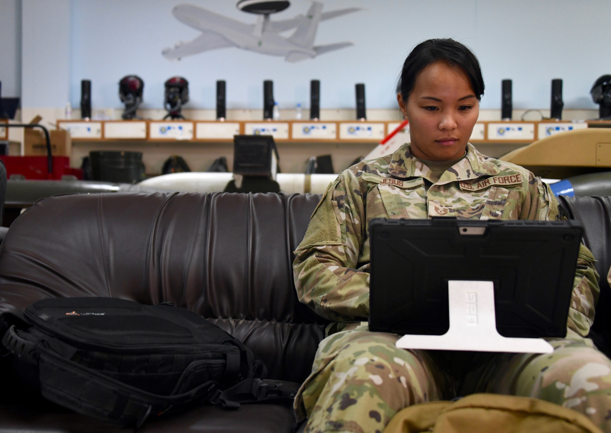 U.S. Air Force Tech Sgt. Rianna Jesus, 378 Expeditionary Contracting Squadron contracting specialist, coordinates requirements for a temporary duty trip at King Abdulaziz Air Base, Kingdom of Saudi Arabia, Feb. 22, 2020. Jesus coordinated the lodging, food and travel requirements for the 494th Expeditionary Fighter Squadron’s participation in the RSAF Air Warfare Center’s Weapon’s Instructor Course employment phase training. (U.S. Air Force by Tech. Sgt. Michael Charles)