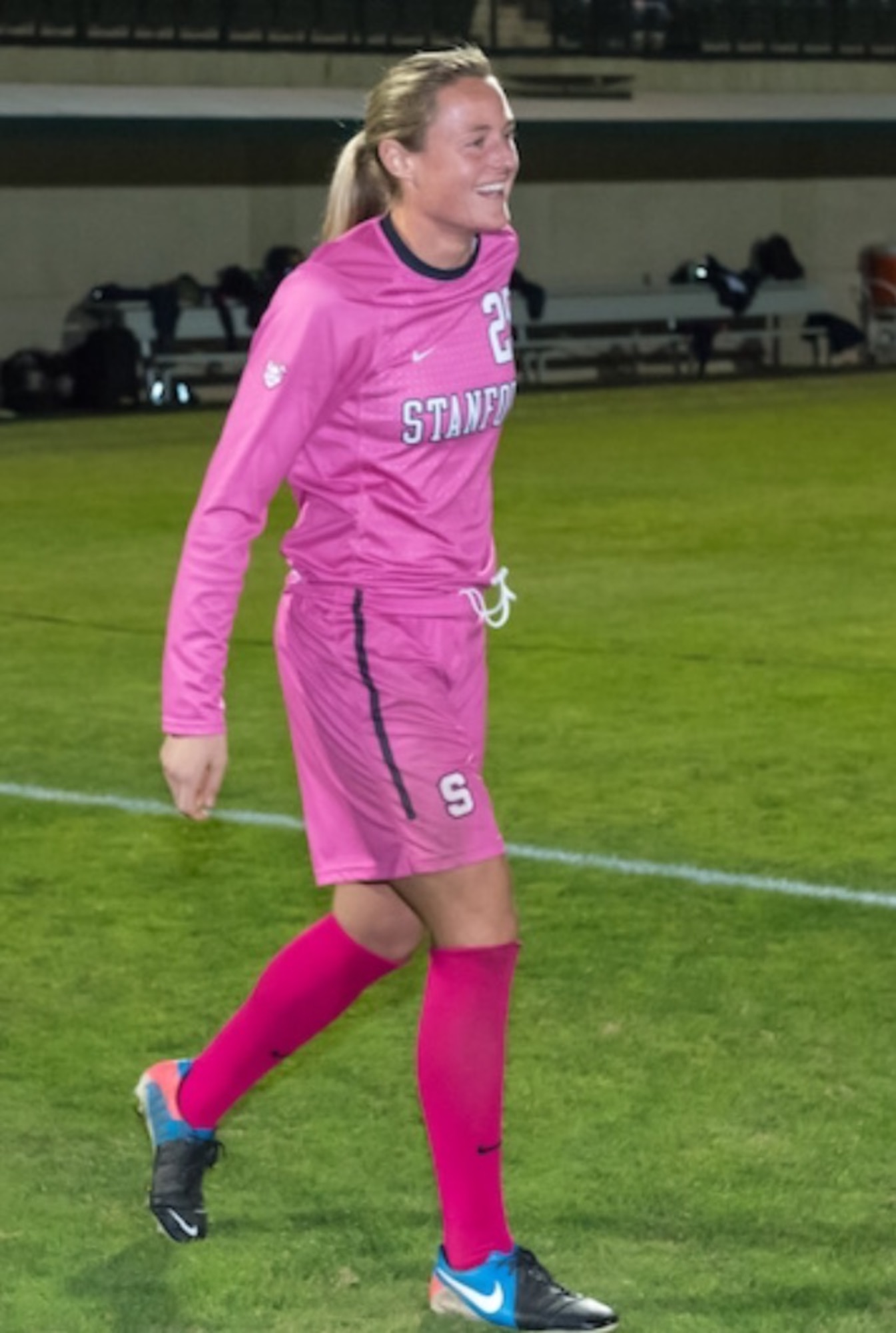 Alyson Gleason walks across a soccer field at Stanford University, California in 2013. Gleason, now a U.S. Air Force captain and Space Enhancement Officer, Director of Space Forces Staff, U.S. Air Forces Central Command, attended Stanford on a soccer scholarship. (Courtesy Photo)
