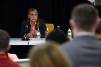 Elizabeth Durham-Ruiz, U.S. Strategic Command (USSTRATCOM) director of C4 Systems and Nuclear Command, Control, and Communications, speaks on cyber deterrence and security during a panel discussion at the fifth annual Deterrence and Assurance Academic Alliance Conference at Iowa State University in Ames, Iowa, March 11, 2020. Over 100 participants attended the two-day event, themed Deterrence: Theory to Application, A Cyclone of Challenges. The event featured student panel presentations, tours and demonstrations, a national security job fair, and a four-hour USSTRATCOM-led tabletop exercise, which simulated a strategic level national security crisis to test their analytic expertise.