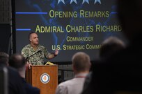 U.S. Navy Adm. Charles Richard, commander of U.S. Strategic Command (USSTRATCOM), speaks to faculty members and students participating in a table top exercise during the 2020 Deterrence and Assurance Academic Alliance Conference at Iowa State University in Ames, Iowa, March 11, 2020. Over 100 participants engaged in a 4-hour wargame designed to apply students’ knowledge of U.S. instruments of national power, as they developed solutions to a simulated crisis strategic decision-making scenario.