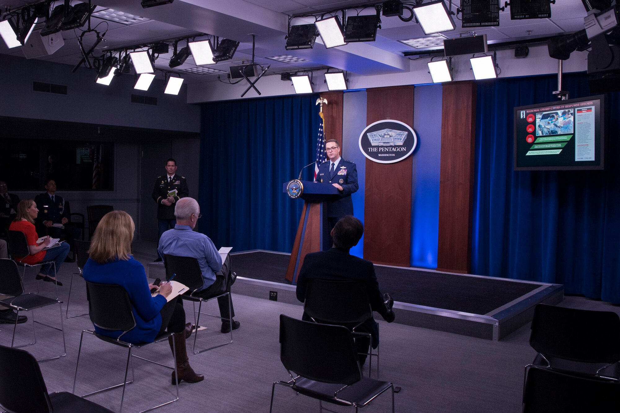 Air Force Gen. Joseph L. Lengyel, chief of the National Guard Bureau, briefs Pentagon reporters on the National Guard's response to the coronavirus March 19, 2020. The general said 2,050 National Guard Soldiers and Airmen in 27 states have been activated to support COVID-19 response efforts, with the number expected to double by the weekend and eventually reach the tens of thousands.