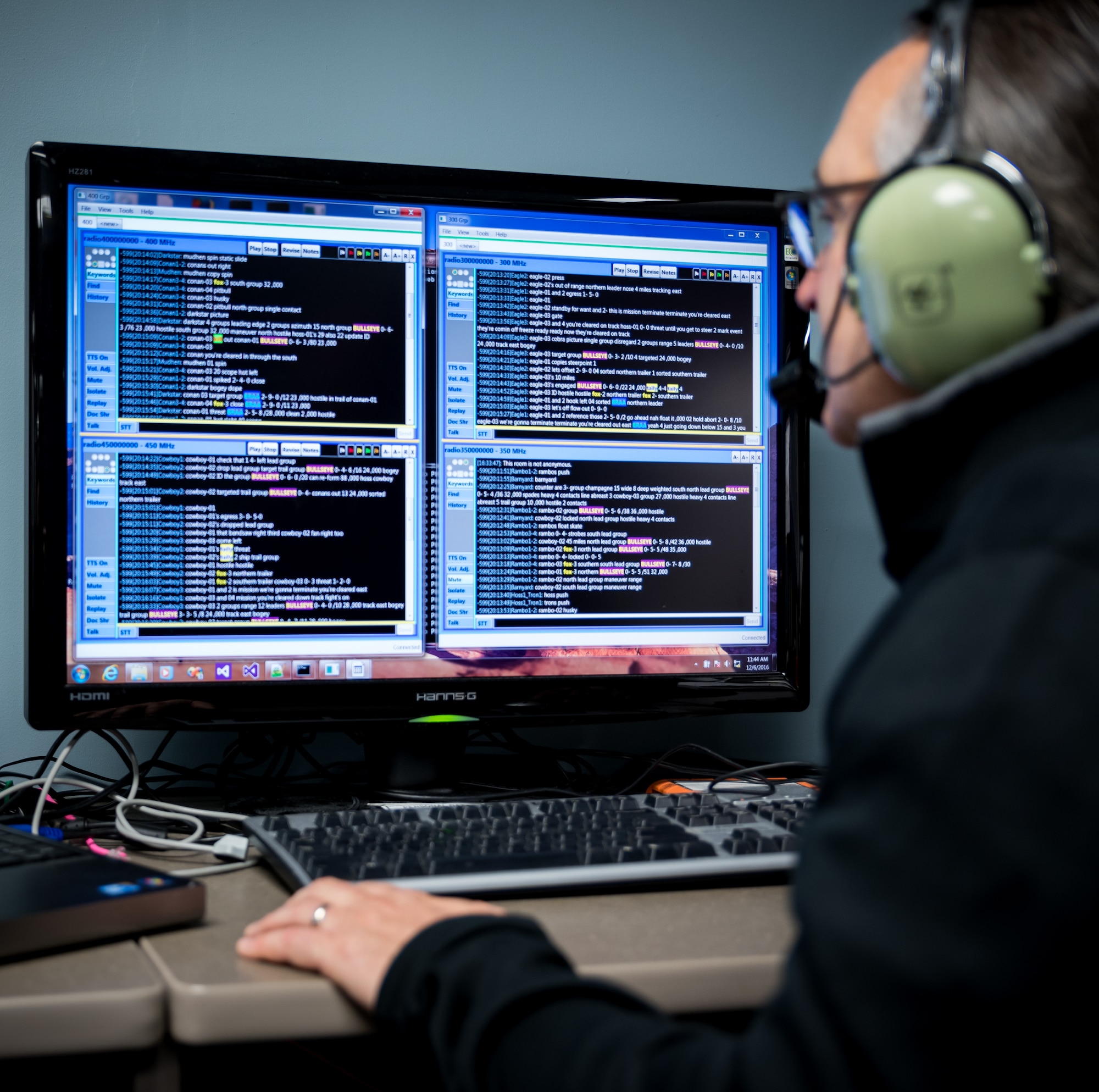 Dr. Brian Simpson, sensory psychologist in AFRL’s 711th Human Performance Wing, demonstrates the Multi-Modal Communication system that was transferred to GlobalFlyte, Inc. for use with first responders such as law enforcement, medics, and firefighters. This system was designed to help multiple users better communicate in chaotic environments.