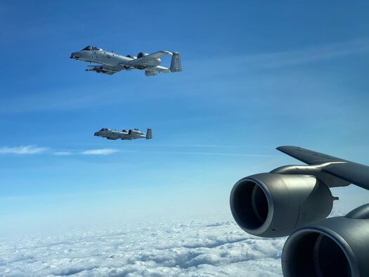 Social distancing wasn’t a problem for A10 Warthogs from the 122nd Fighter Wing, Fort Wayne, Indiana., and a KC-135R Stratotanker from Grissom Air Reserve Base, Indiana., March 17, 2020 as the units paired up for a refueling mission in the skies over Northcentral Indiana. Despite the Novel Coronavirus pandemic both units continue to work to meet Air Force mission requirements. (U.S. Air Force photo Capt. Steven Bretscher)