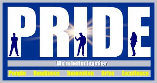 Graphic shows the word PRIDE with "We're better together" beneath it. People, Readiness, Innovation, Drive and Excellence are all highlighted.