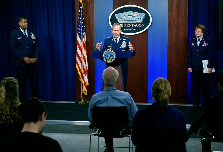 Air Force Chief of Staff Gen. David L. Goldfein conducts a press briefing with the Pentagon Press Corps to address Air Force response efforts for COVID-19 at the Pentagon in Arlington, Va., March 18, 2020. (U.S. Air Force photo by Wayne Clark)