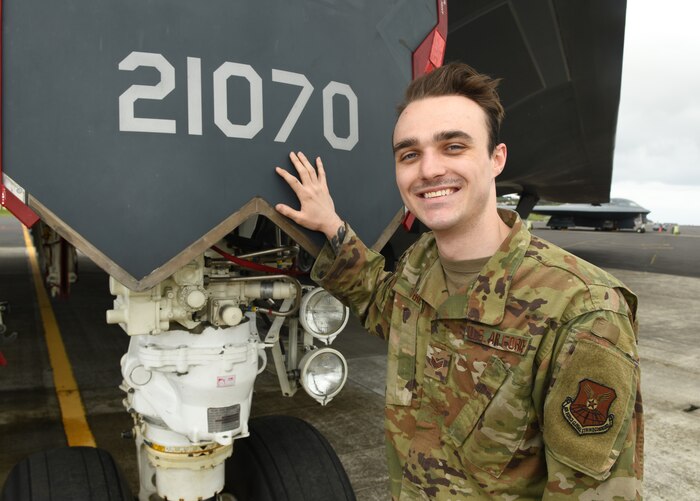 Senior Airman Laine Terry, a crew chief assigned to the 509th Bomb Wing at Whiteman Air Force Base, Missouri, stands for a portrait on the flightline of Lajes Field, Azores, Portugal, March 11, 2020. Terry deployed with his fellow active-duty wingmen and Air National Guardsmen assigned to the 131st BW, to Lajes Field in support of the routine U.S. Strategic Command operation called Bomber Task Force Europe. BTF missions challenge Airmen and the B-2 Spirit fleet they support to operate at forward locations across Europe as they would at their home station. (U.S. Air Force photo by Staff Sgt. Kayla White)