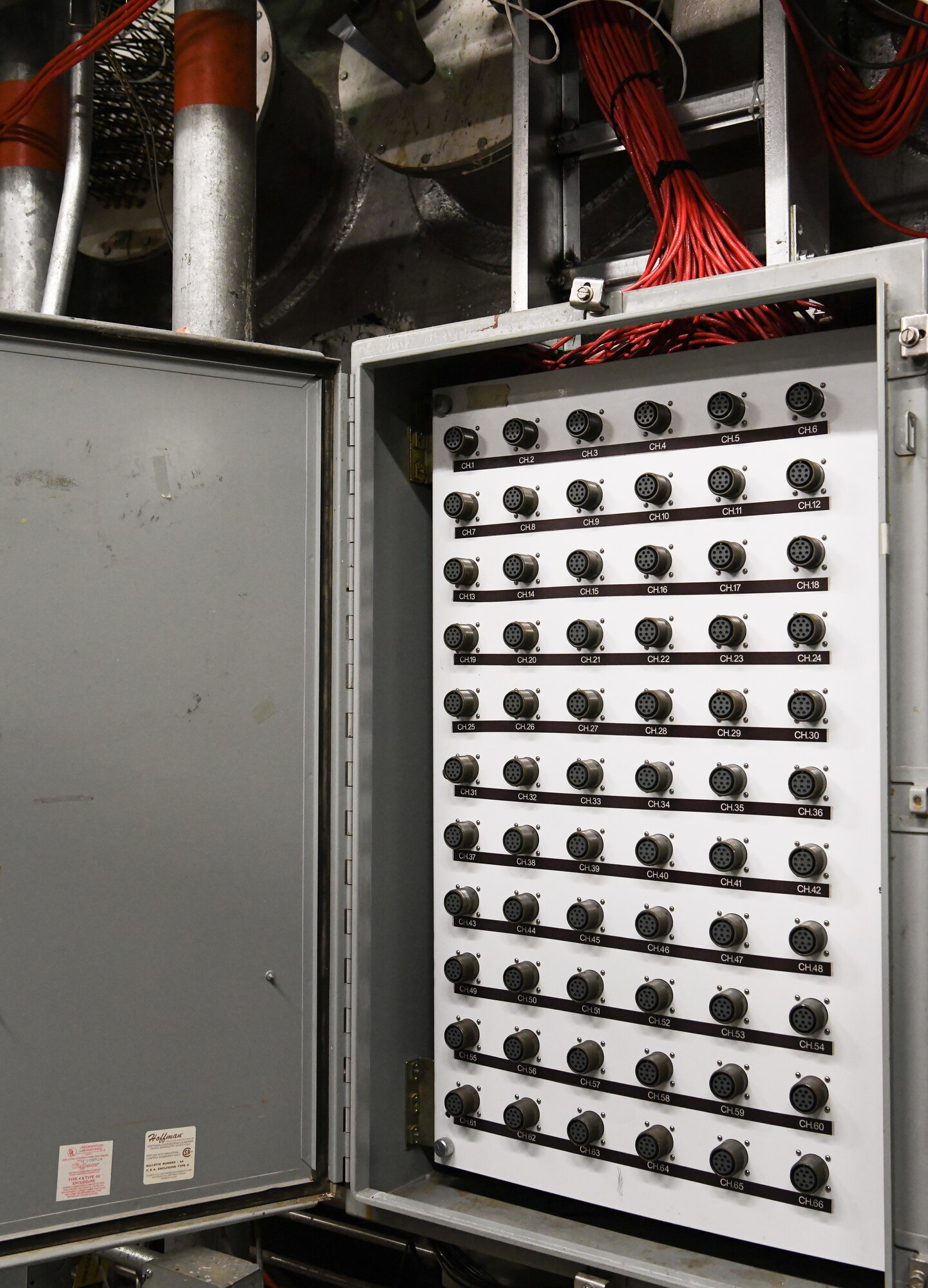 Shown, Dec. 3, is an example of the new interconnect panels for voltage measurements and signal cabling that were installed as part of the upgrades to the Arnold Engineering Development Complex T-3 turbine engine test cell at Arnold Air Force Base. (U.S. Air Force photo by Jill Pickett)