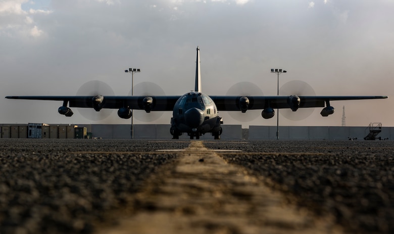 A flight crew tests the engines of an MC-130H Combat Talon II at Ali Al Salem Air Base, Kuwait, March 14, 2020. The MC-130H provides infiltration, exfiltration and resupply of special operations forces and equipment to hostile or denied territory. (U.S. Air Force photo by Senior Airman Kevin Tanenbaum)