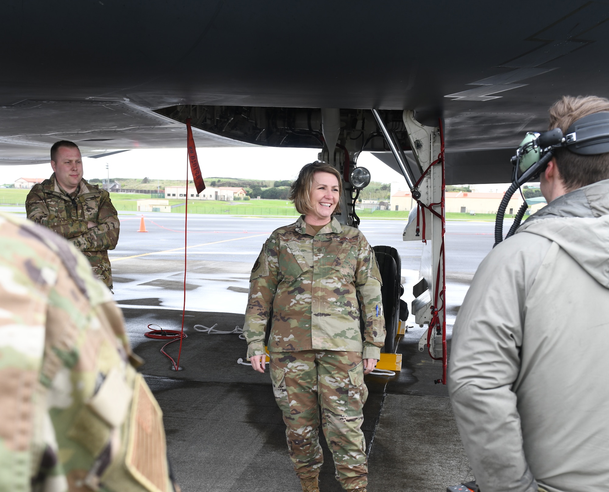 Chief Master Sgt. Katie McCool, the 509th Bomb Wing command chief at Whiteman Air Force Base, Missouri, engages with active-duty and Air National Guard Airmen from the 509th and 131st BW for the first time in an operational setting during the Bomber Task Force Europe at Lajes Field, Azores, Portugal, March 13, 2020. BTF Europe tests the readiness of the Whiteman AFB B-2 Spirit fleet as well as the Airmen and equipment that support it, proving their collective ability to operate at forward locations. (U.S. Air Force photo by Staff Sgt. Kayla White)