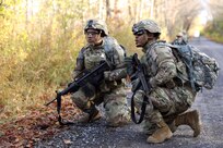 Soldiers with 10th Mountain Division at Ft. Drum surveys an obstacle during a human factor evaluation on the Modular Scalable Vest Gen II with PEO Soldier October 29, 2019.