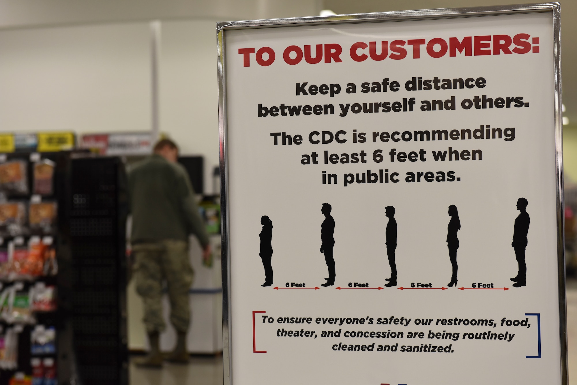 Whiteman Air Force Base Exchange posted signage all throughout the store to inform customers of how to keep a proper safe distance at Whiteman Air Force Base, Missouri, March 19,2020. The Whiteman Air Force Base Exchange has removed all open seating from the food court in efforts to keep large groups at a low. (U.S. Air Force photo by Senior Airman Alexandria Lee)