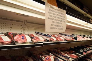 Whiteman Air Force Base Commissary now limits the amount of meat a customer can purchase at one check out at Whiteman Air Force Base, Missouri, March 19,2020. Whiteman is actively trying to increase their deliveries to meet the high demand. (U.S. Air Force photo by Senior Airman Alexandria Lee)