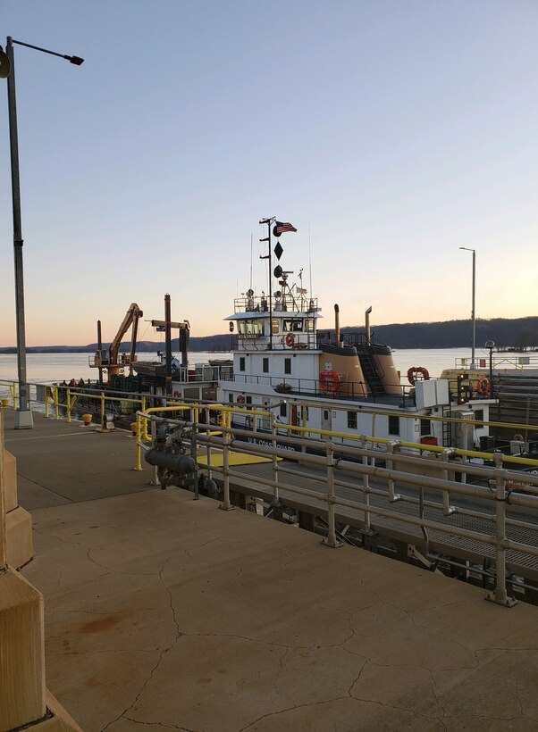 The USCGC Wyaconda, a buoy tender homeported in Dubuque, Iowa, heading upriver at Lock and Dam 10 March 17, 2020. They are working on setting channel markers and inspecting other navigation aids along the Upper Mississippi River navigation channel.