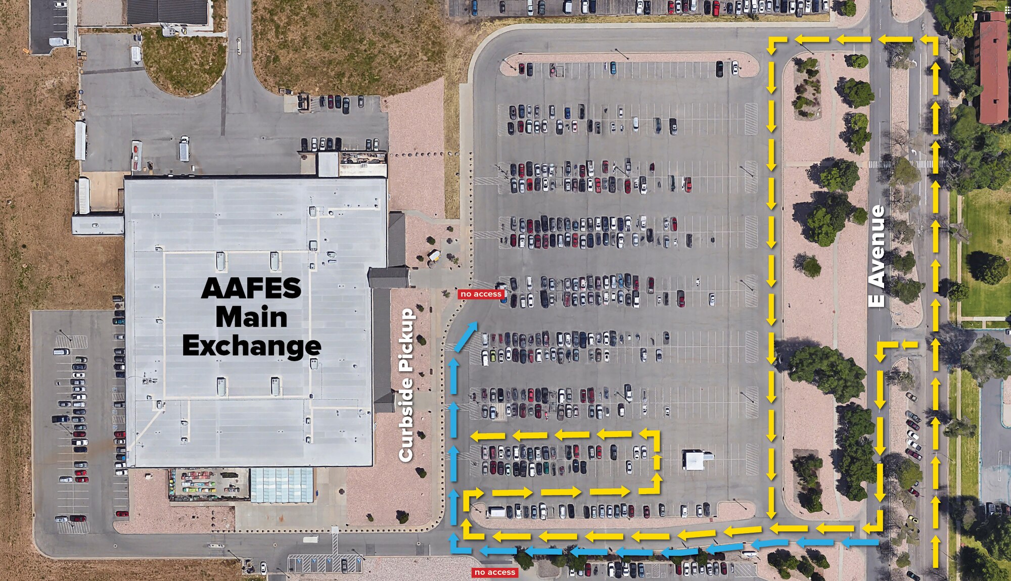 Map of drive thru lines to show people how to access curbside service for prescription pickup.