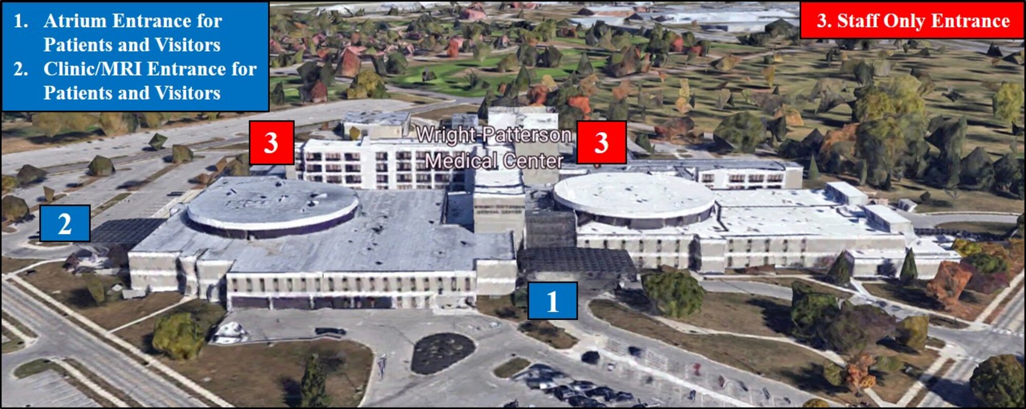 o ensure the continued health and safety of patients, staff and visitors, the Wright-Patterson Medical Center is limiting entry by patients into the hospital using two designated entry points.  In addition, the medical center has instituted precautionary screening. (U.S. Air Force graphic)